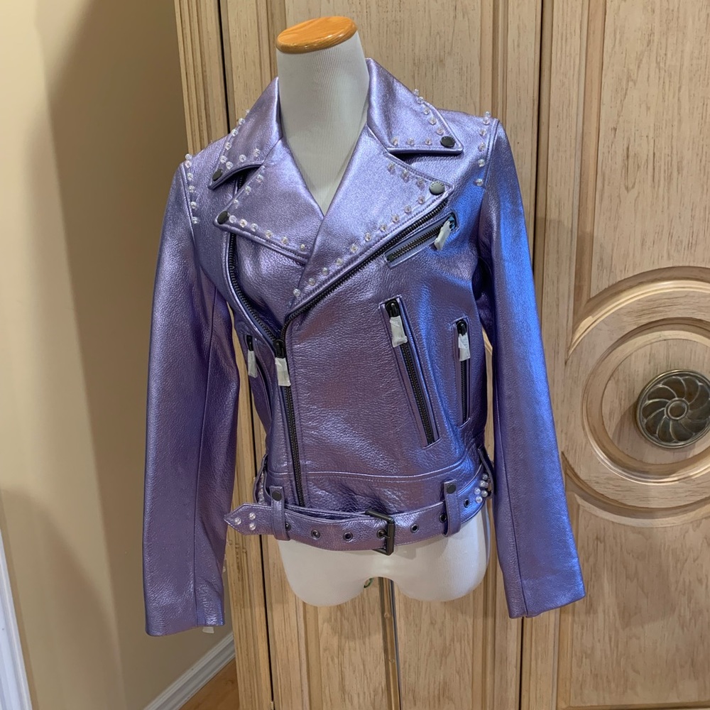 JOCELYN women's leather moto jacket metallic Lilac with chain Size XS NWT $650 - Picture 4 of 5